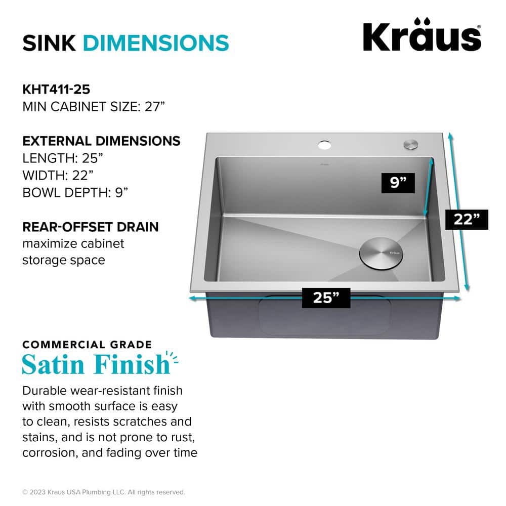 25-Inch Satin Stainless Steel Single Bowl Drop-In Kitchen Sink Set