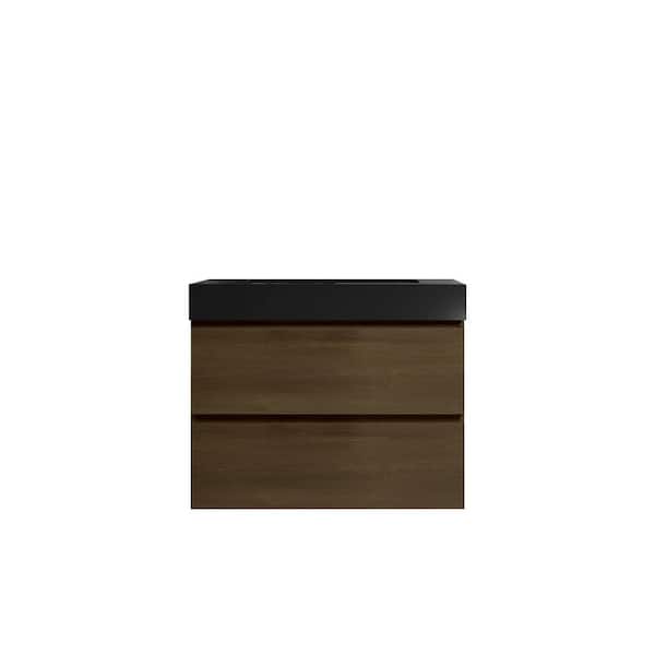 Aoibox 30 in. W x 18 in. D x 25 in. H Wall Mounted Floating Bathroom Vanity in Dark Oak with Black Top Single Sink