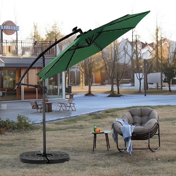 10 ft. Steel Cantilever Solar LED Offset Hanging Market Patio Umbrella in Dark Green