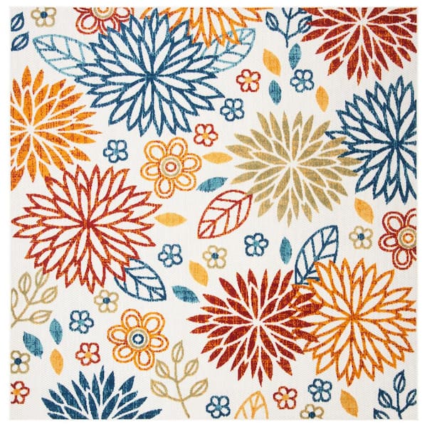 Cabana Cream/Red 4 ft. x 4 ft. Floral Indoor/Outdoor Patio  Square Area Rug