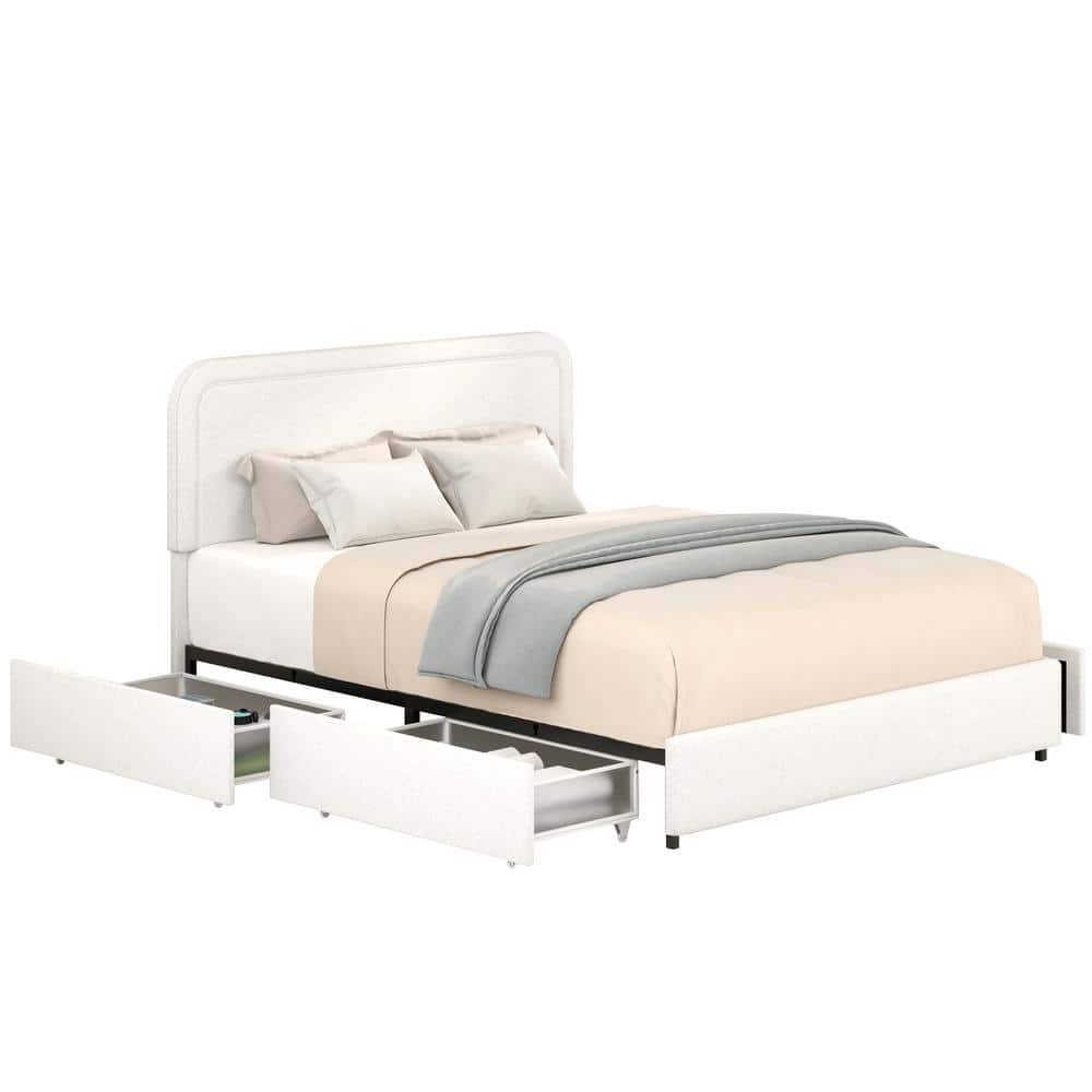 Ivory Boucle Upholstered Queen Platform Bed with Metal Frame and 4 Storage Drawers