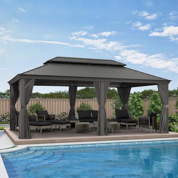 12 ft. x 18 ft. Luxury Patio Outdoor Gazebo for Backyard Hardtop Aluminum Frame with Netting, Hooks, Upgrade Curtain