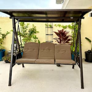 Patio 3-seat Adjustable PVC Canopy Porch Swing with Side Cup Holder, Cushions and Pillow Included, Beige