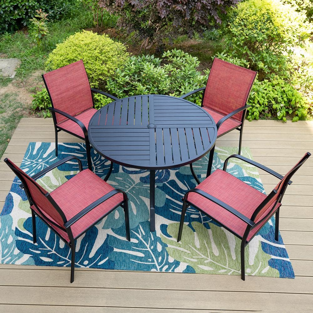 Black 5-Piece Metal Slat Round Table Patio Outdoor Dining Set with Red Textilene Chairs -  PHI VILLA, THD5-409-154R