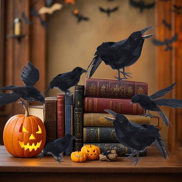 OGETFUUR 6-Pack Crows Halloween Decorations, Artificial Flying
