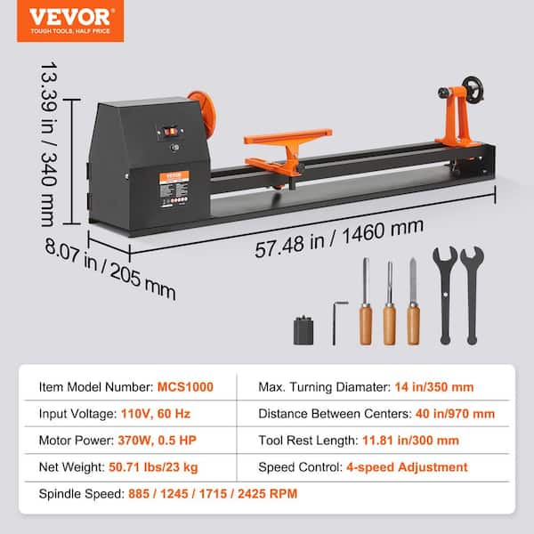 VEVOR Benchtop Wood Lathe 14 in. x 40 in. 0.5 HP 370-Watt Power