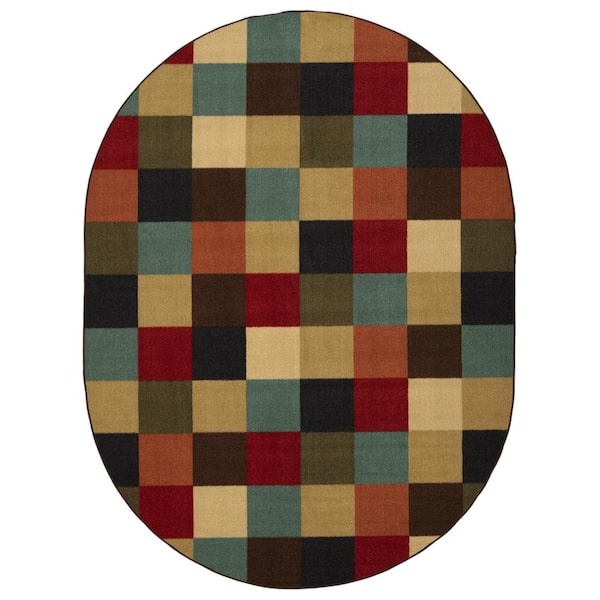 Ottomanson Basics Collection Non-Slip Rubberback Checkered Design 5x7 Indoor Oval Area Rug, 5 ft. x 6 ft. 6 in., Multicolor