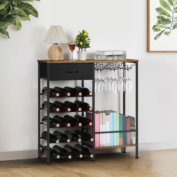 Rustic Brown Freestanding Floor Wine Glass Rack with Storage Shelves Drawer Holds 20 Bottles for Home Bar