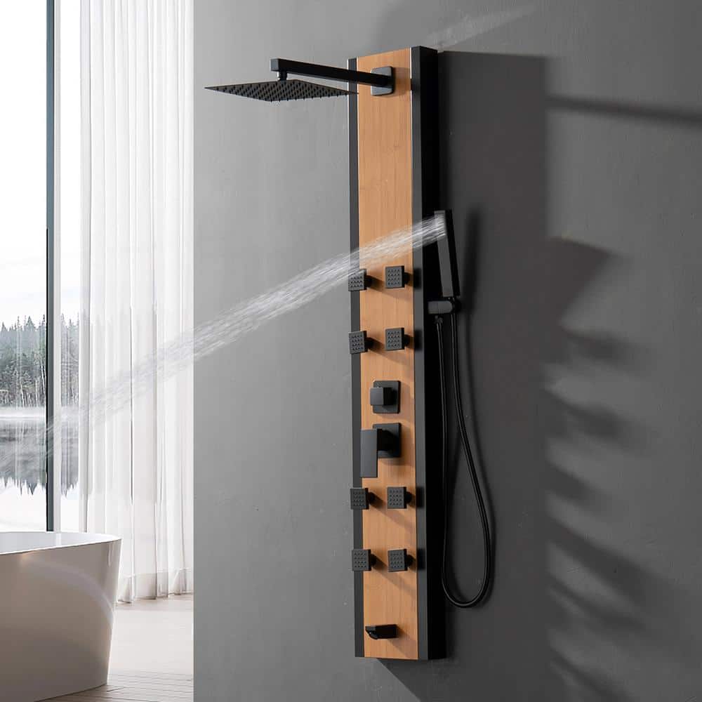 57'' Black and Bamboo Shower Panel System with Body Jets