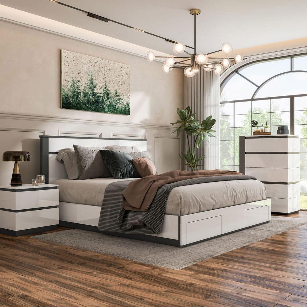 Summit Run 3-Piece White and Metallic Gray Wood Frame Queen Platform Bedroom Set with Footboard Drawers price history on PriceWatchPro