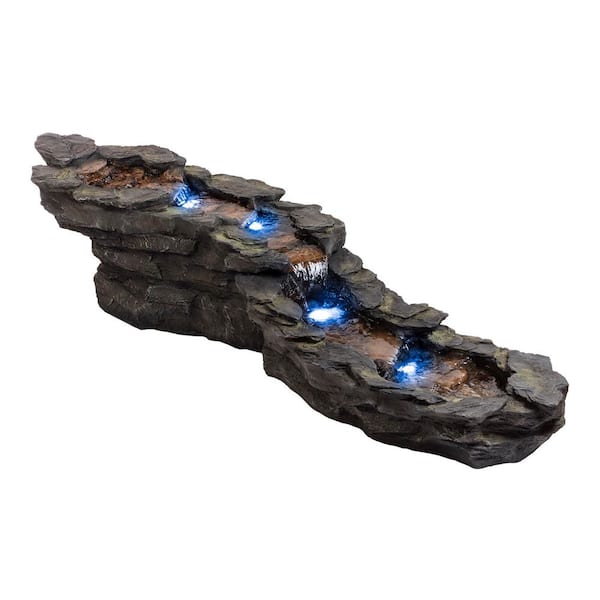 Alpine Corporation - 19 in. Tall Outdoor Tiering Rocky River Stream Water Fountain with LED Lights
