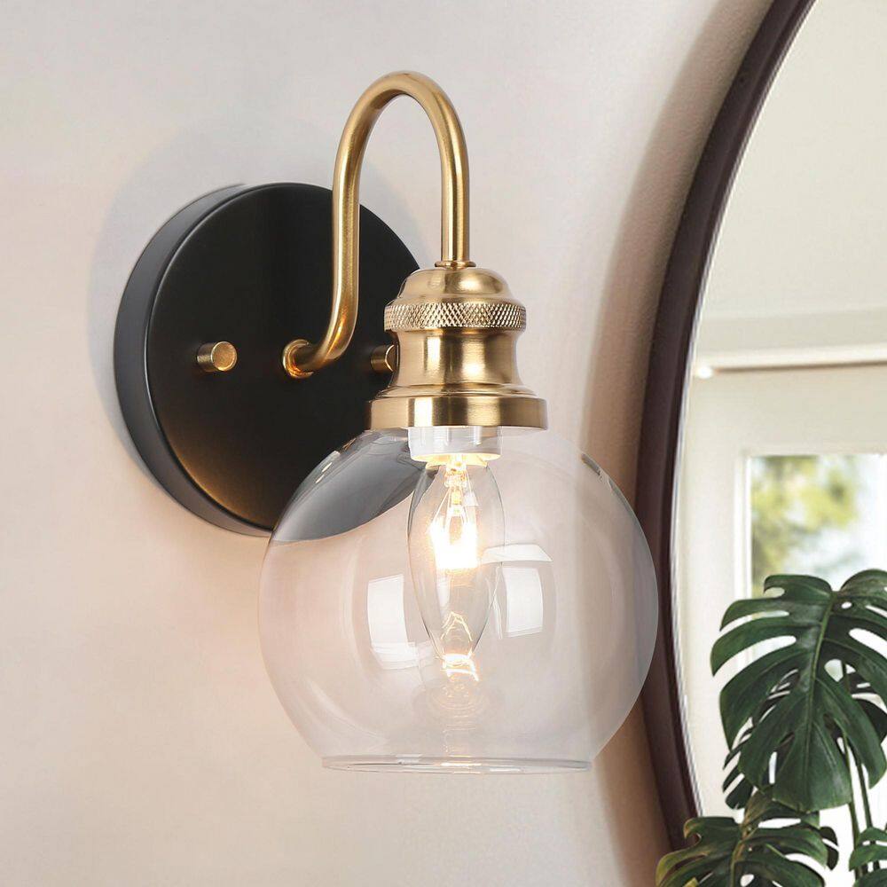 5 in. Modern Mid-century Wall Sconce Lighting, 1-Light Black/Brass Bathroom Vanity Light, Globe Clear Glass Wall Light price history on PriceWatchPro
