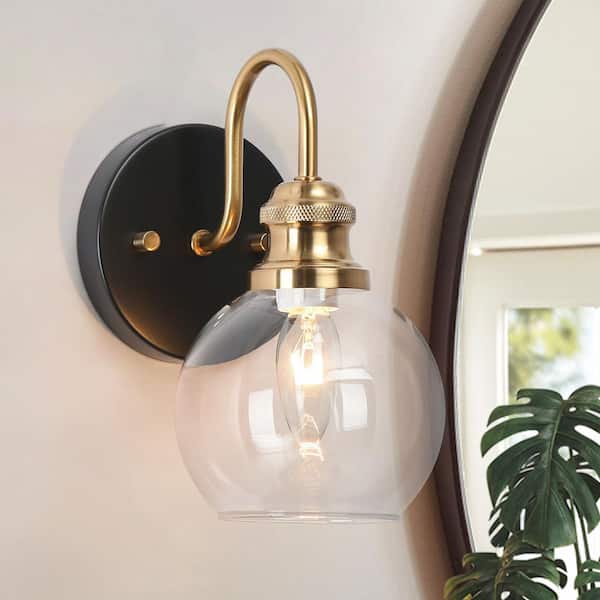 Zevni 5 in. Modern Mid-century Wall Sconce Lighting, 1-Light Black/Brass Bathroom Vanity Light, Globe Clear Glass Wall Light
