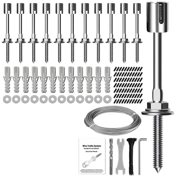 12-Set Wall Wire Trellis Kit with 5/64 in. x 150 ft. Stainless Steel Cable and 3.5 in. Crosshead Hubs for Garden