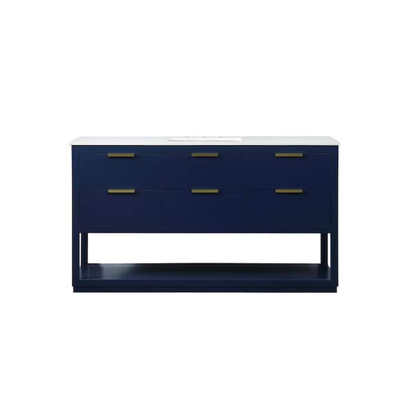 Unbranded Simply Living 60 in. W x 22 in. D x 34 in. H Bath Vanity in Blue with Calacatta White Engineered Marble Top