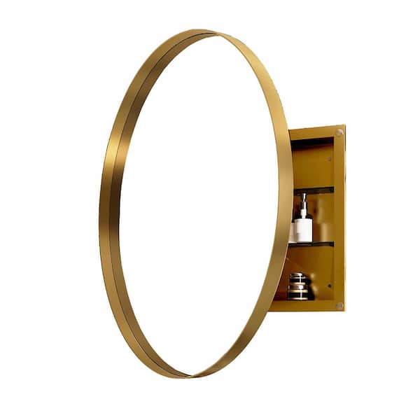 Unbranded Matte Gold 32 in W x 32 in. H Round Metal Framed Bathroom Vanity Mirror with Medicine Cabinet and Adjustable Shelves