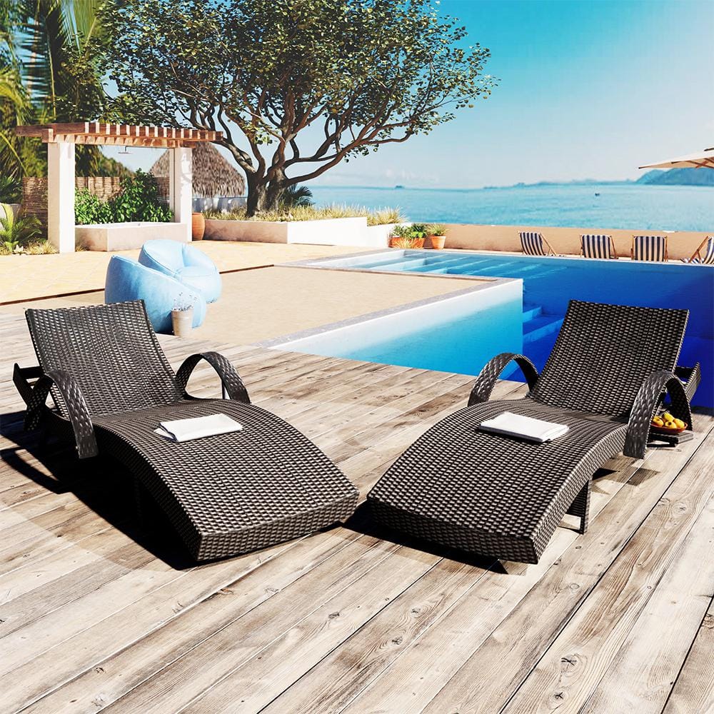 Dark Brown 2-Piece Wicker Outdoor Chaise Lounge Chair with Pull-out Side Ta