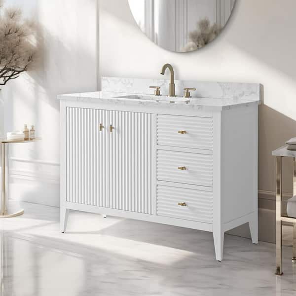 42 in. W x 22 in D x 38 in. H Single Sink Bathroom Vanity Cabinet in Linear White with Engineered Marble Top
