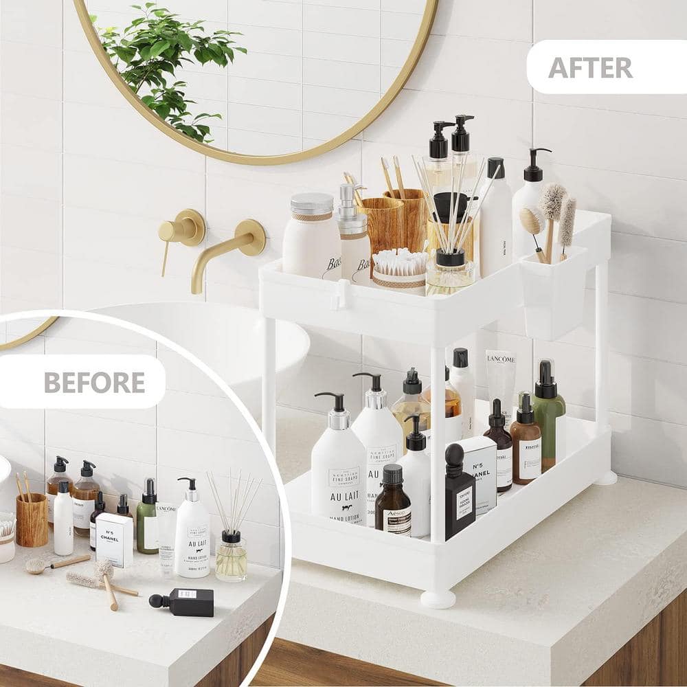 White Two-Tier Under Sink Organizer with Utility Hooks
