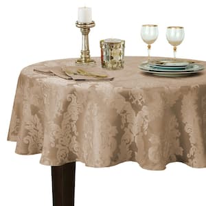 90 in. Round Beige Barcelona Damask Fabric Tablecloth