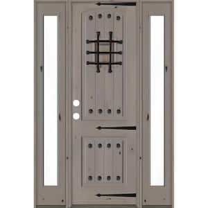 58 in. x 96 in. Mediterranean Knotty Alder Right-Hand/Inswing Clear Glass Grey Stain Wood Prehung Front Door w/Sidelite
