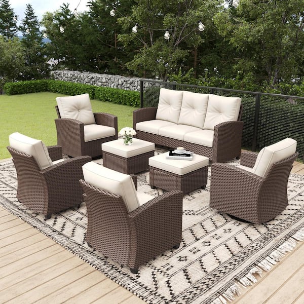 LayinSun 7-Piece Wicker Outdoor Swivel Outdoor Rocking Chair Set