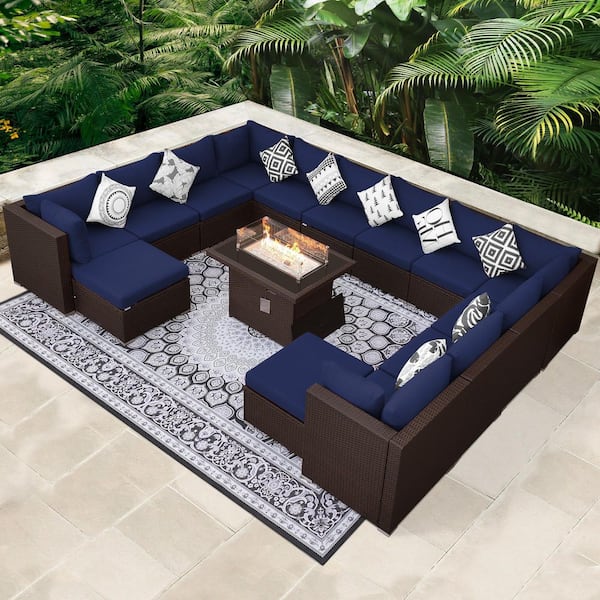 15-Piece Wicker Outdoor Sectional Patio Furniture Conversation Set with 60,000 BTU Fire Pit Table, Navy Blue Cushions
