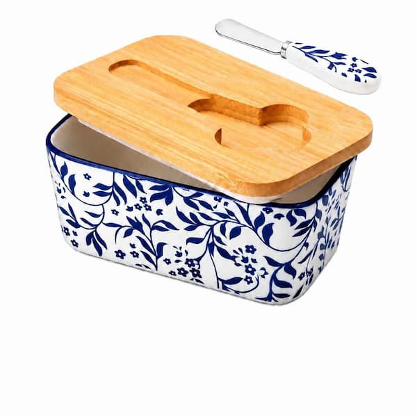 Ceramic Butter Dish with Bamboo Lid and Knife, Delicate Floral Pattern for Countertop Kitchen Storage