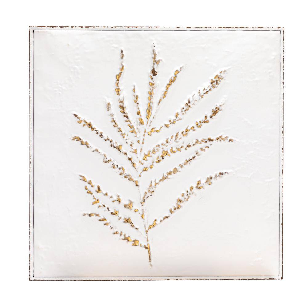 15-Inch Distressed White and Gold Metal Botanical Wall Sculpture