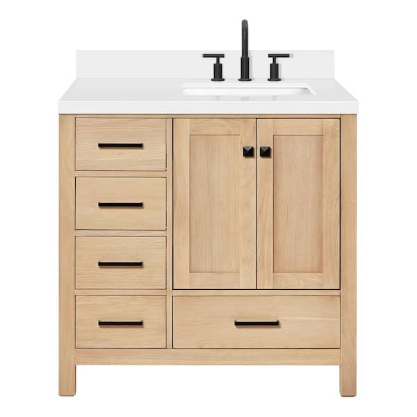 Cambridge 36 in. W x 22 in. D x 36 in. H Single Freestanding Bath Vanity in Oak with Pure White Quartz Top