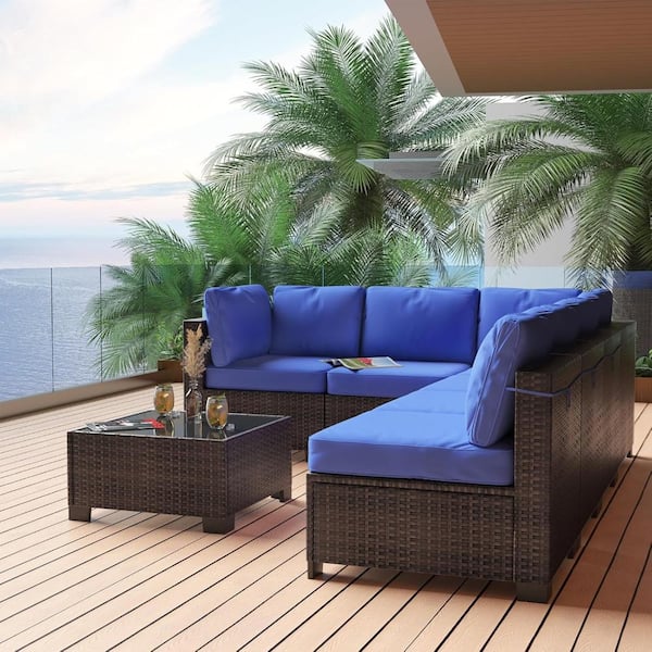 7-Piece Outdoor PE Rattan Sectional Sofa Set with Blue Cushions & Tempered Glass Table