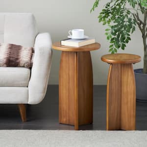 14 in. Brown Pedestal Large Round Wood Coffee Table (2-Pieces)