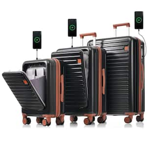 3-Piece Black and Brown 20"24"28" ABS Hardshell Spinner Luggage Set with USB Ports, Cup Holders, Front Opening Design