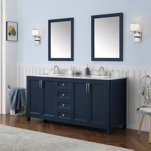 Sandon 72 in. W x 22 in. D Bath Vanity in Midnight Blue with Marble Vanity Top in Carrara White with White Basin