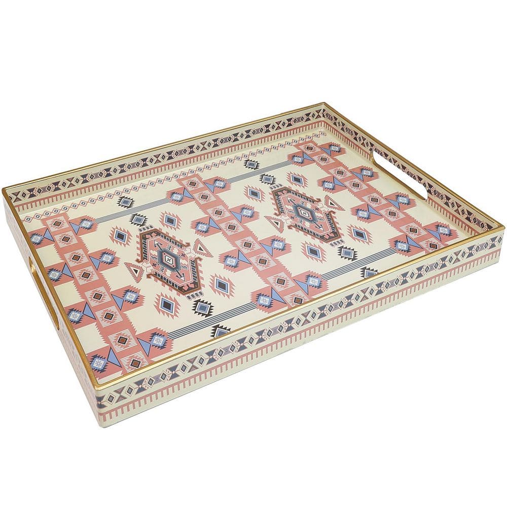 Beige Boho Plastic Decorative Platter with Handles for Home Decor (Set ...