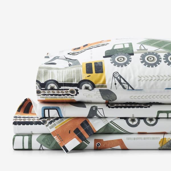 Company Kids Construction Builders Multi-Colored Organic Cotton Percale Twin Sheet Set