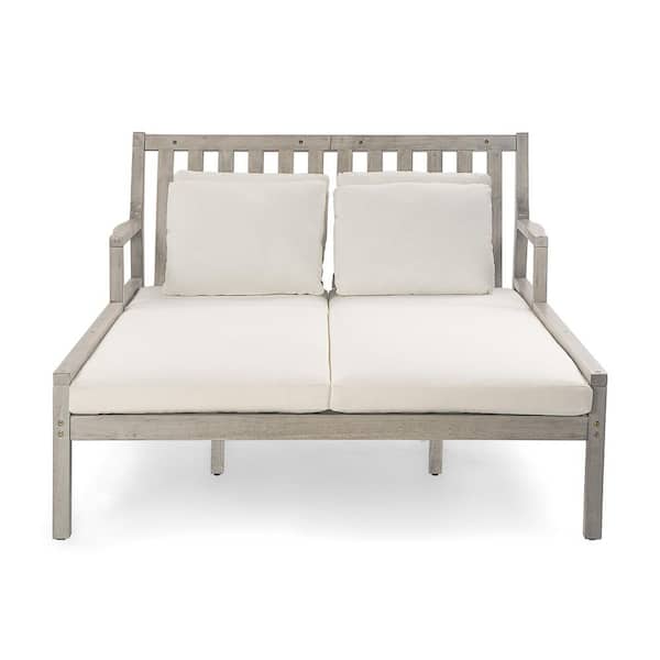 Unbranded Wood Outdoor Day Bed with Beige Cushion, Patio Curved Armrests Daybed with Four Pillows for Poolside, Backyard, Gray
