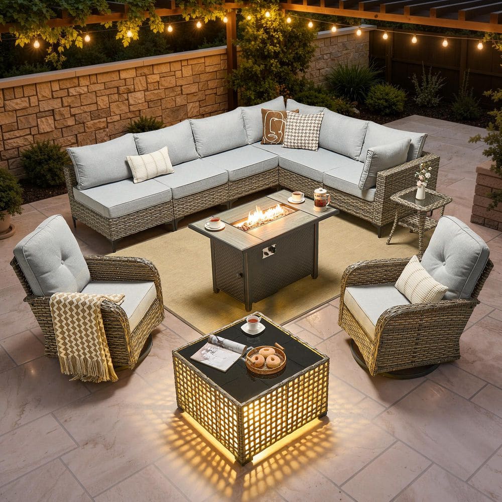 Melly Gray 11-Piece Wicker Patio Rectangle Fire Pit Conversation Set with Gray Cushions and Solar LED Coffee Table price history on PriceWatchPro