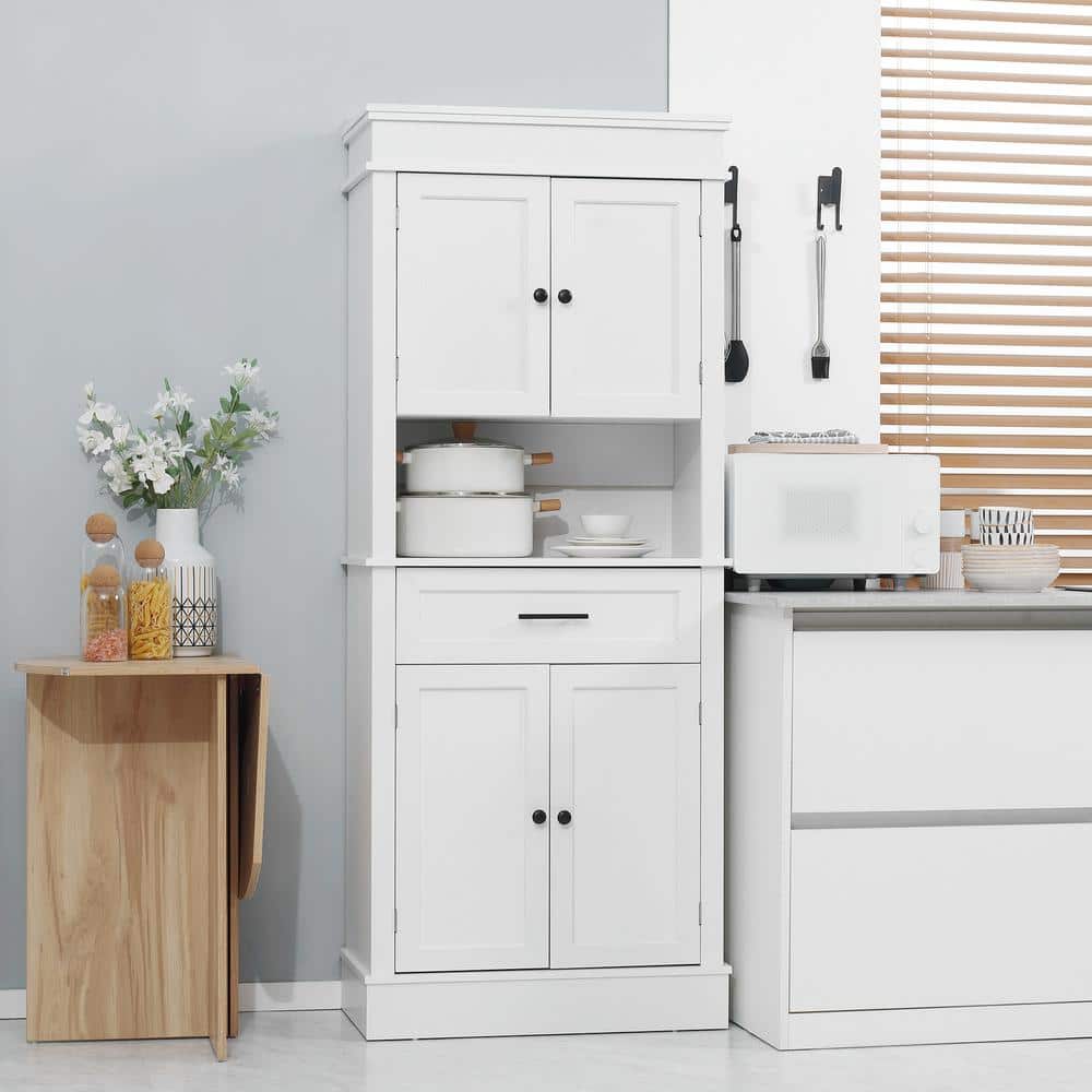 White Freestanding Kitchen Pantry with Adjustable Shelves