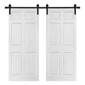 56 in. x 80 in. Modern 6-Panel Designed MDF Panel White Painted Double Sliding Barn Door with Hardware Kit