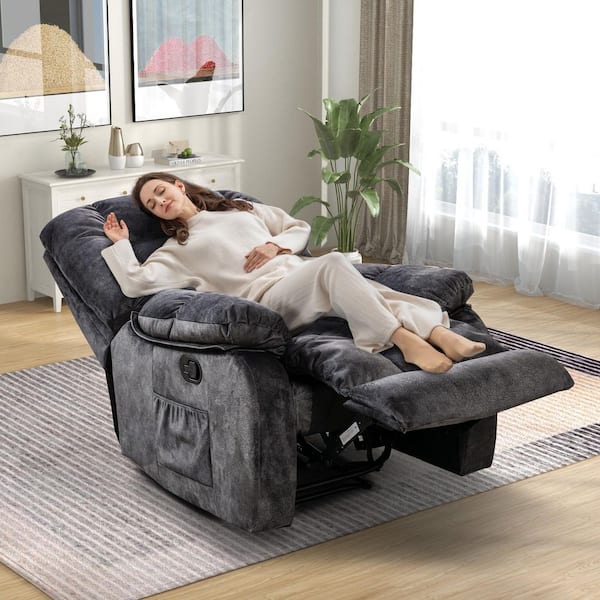 Blue-gray Overstuffed Fabric Recliner Chairs with 8-Point Vibration Massage Manual Pull Recliner with Time Setting