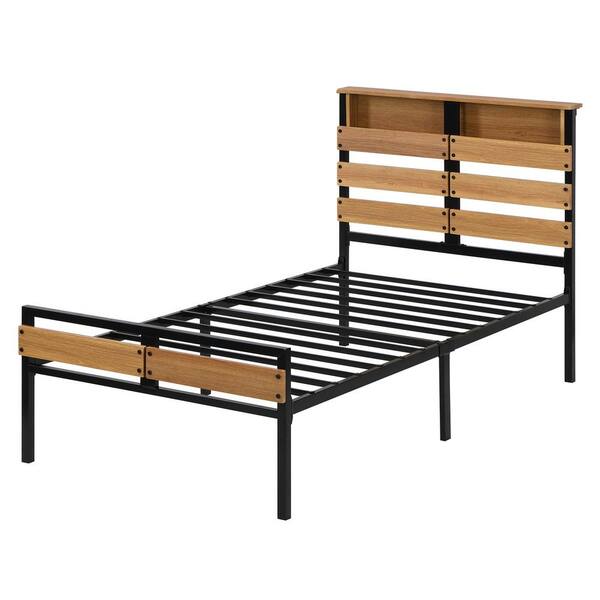 Black Metal And Wood Bed Frame, Wood Bed Frame With Headboard And Footboard