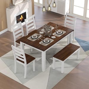 Rustic Style 6-Piece Walnut and Cottage White Solid Wood Dining Set with 4-Ergonomic Designed Chairs and Bench