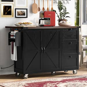 Oasis Black Wood 54.5 in. Kitchen Island with Internal Storage Rack, Drop Leaf, Rolling Kitchen Cart on Wheel