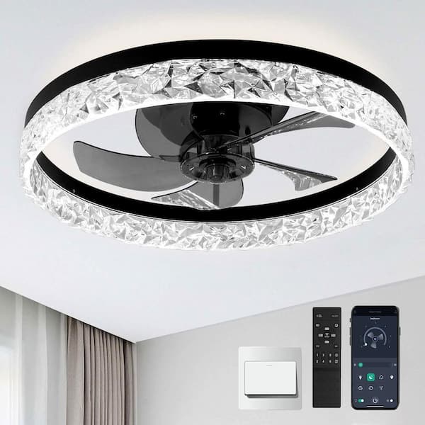 Ltemziiy 20 in. Indoor Modern Black Crystal Flush Mount Ceiling Fan with Light, Dimmable Small LED Ceiling Fan