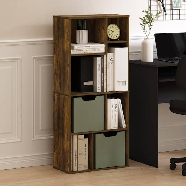 Furinno Daly 42.13 in. Tall Amber Pine Wood 7-Shelf Irregular Cubes Bookcase