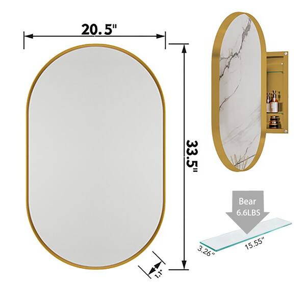 Tenleaf 20.47 in. W x 33.46 in. H Oval Metal Medicine Cabinet with Mirror, Wall Cabinet with Adjustable Shelves, Gold