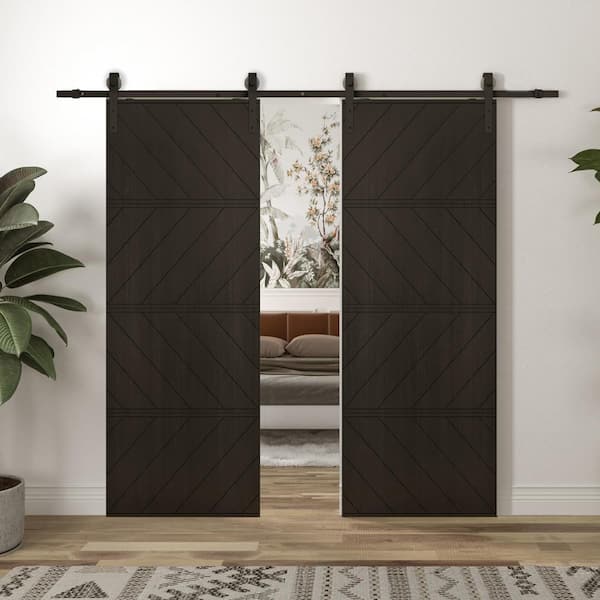 60 in. x 84 in. Black, Wood Panel Textured, MDF and PVC Covering, Finished Barn Door Slab with Barn Door All Hardware