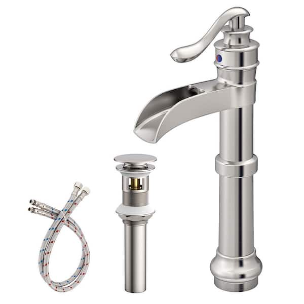 HOMEMYSTIQUE Single Handle Waterfall Vessel Sink Faucet with Drain Kit Included in Brushed Nickel