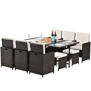Brown 11-Piece Wicker Outdoor Dining Set with Beige Cushion